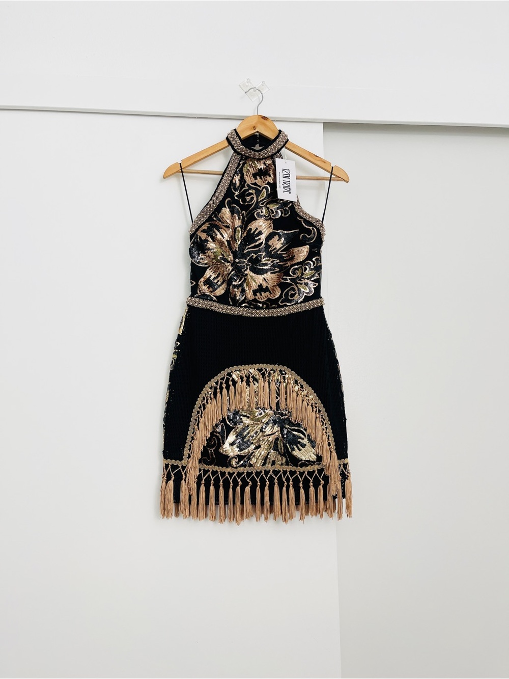 NWT 12th Tribe Gold Sequins Embellished Western Fringe Mini Dress Size Small